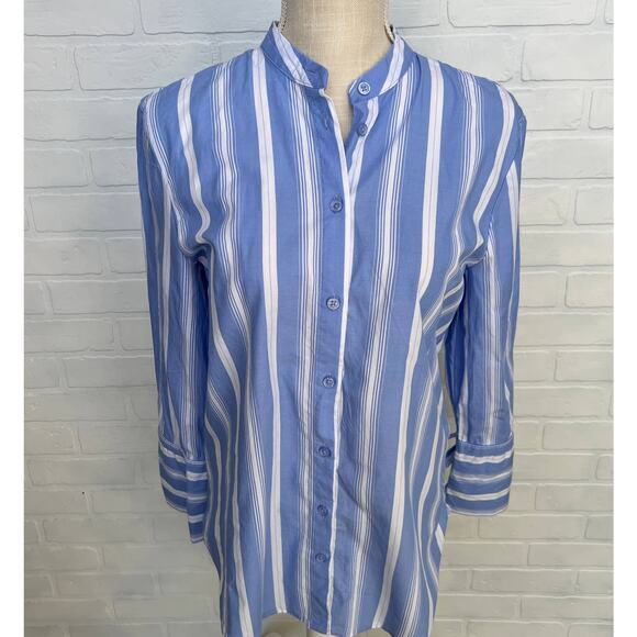 Who What Wear Tops - Who What Wear Blue and White Striped Oversized Mandarine Collar Shirt -sz S/M